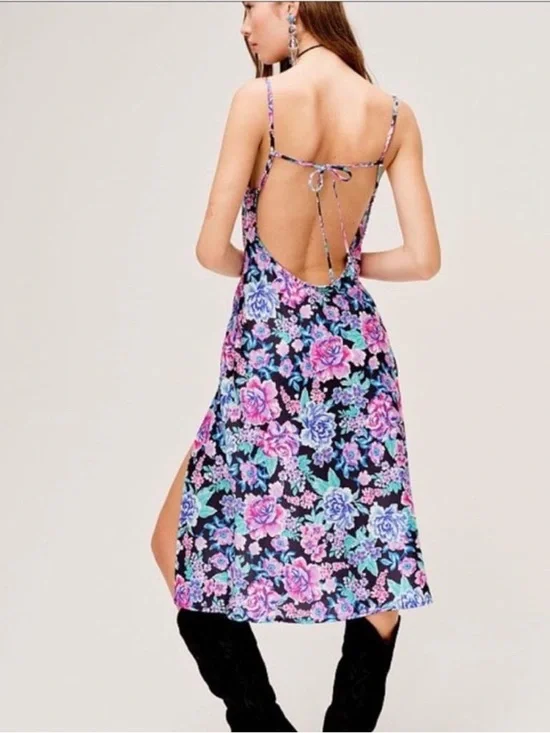 For Love & Lemons Morgan Floral Slip Dress M Cowl Neck Satin Midi 25259 - Picture 2 of 12